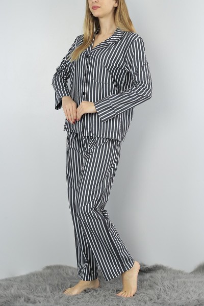 Füme Çizgili Bayan Poplin Pijama Takımı 54636