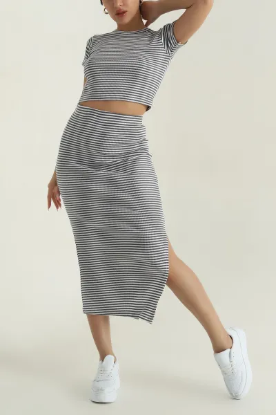 Füme Çizgili Likralı Kaşkorse Kadın İkili Takım 377964