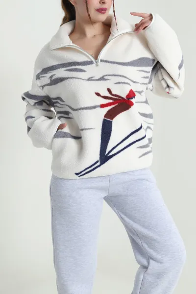 Füme Desenli Uzun Kollu Teddy Kadın Sweat 482455