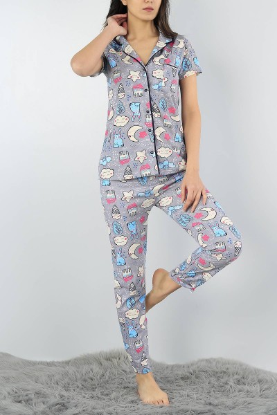 Füme Düğmeli Bayan Baskılı Pijama Takımı 54968