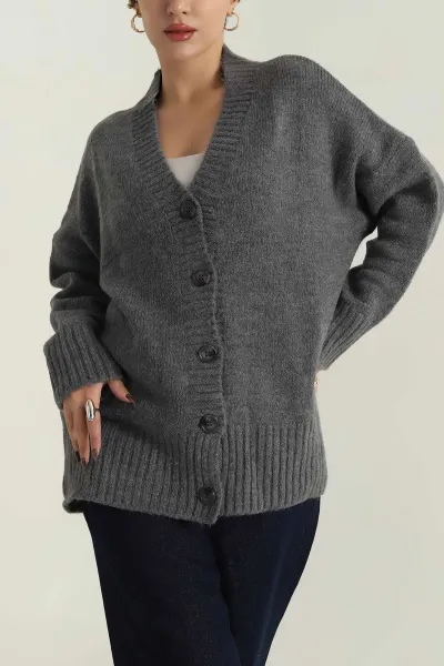 Füme Düğmeli Oversize Kadın Triko Hırka 412284