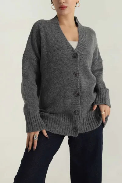 Füme Düğmeli Oversize Kadın Triko Hırka 412284