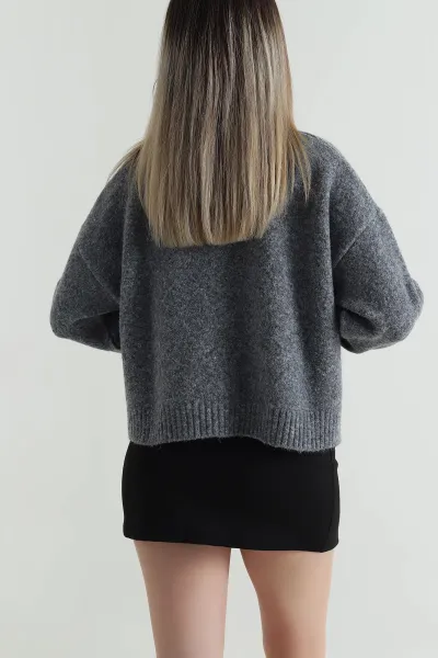 Füme Düğmeli Yırtmaçlı Kadın Triko Hırka 487541