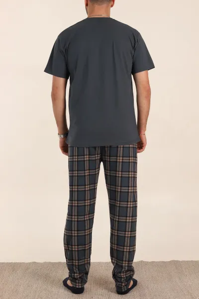 Füme Ekose Desenli 3 Düğmeli Kısa Kol Erkek Pijama Takımı 357476