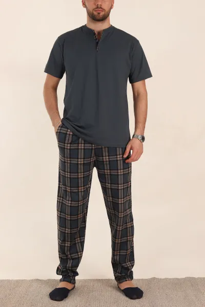 Füme Ekose Desenli 3 Düğmeli Kısa Kol Erkek Pijama Takımı 357476