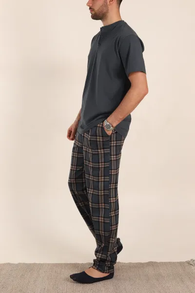 Füme Ekose Desenli 3 Düğmeli Kısa Kol Erkek Pijama Takımı 357476