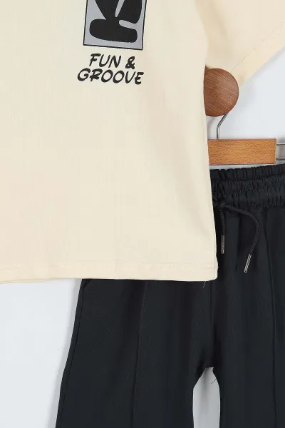 Füme Ekru  (7-12 Yaş)Ön Arka Fun Groove Baskılı Cepli Şortlu Erkek Çocuk Yazlık Takım 353406
