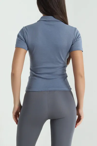 Füme Fermuarlı Polo Yaka Kadın Body Tişört 477738