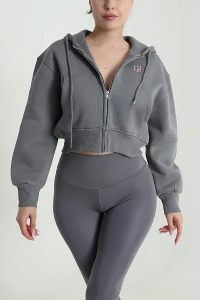 Füme Fermuarlı Şardonlu Üç İp Kadın Sweat 485042