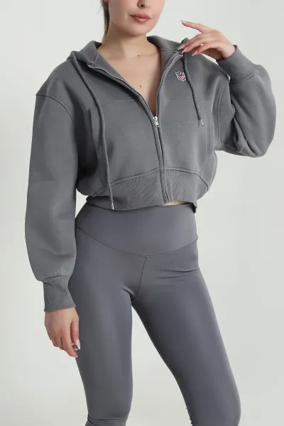 Füme Fermuarlı Şardonlu Üç İp Kadın Sweat 485042