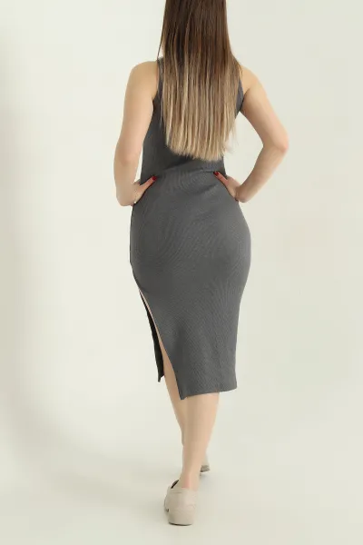 Füme Fitilli Likralı  Yırtmaçlı Kolsuz Elbise 336797