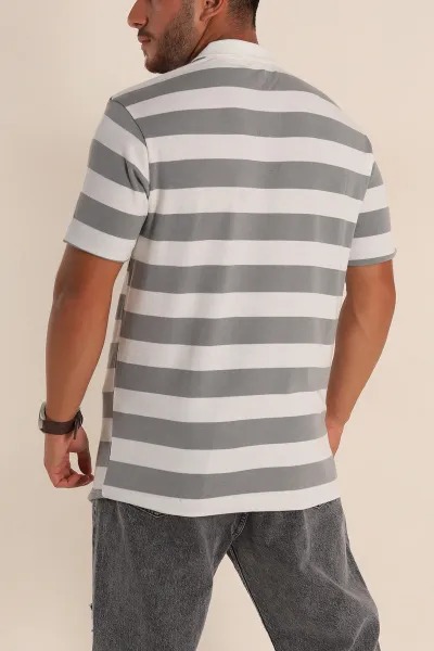 Füme Geniş Çizgili Relaxed Fit Polo Yaka Erkek Triko Tişört 268150