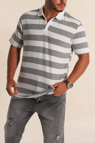 Füme Geniş Çizgili Relaxed Fit Polo Yaka Erkek Triko Tişört 268150
