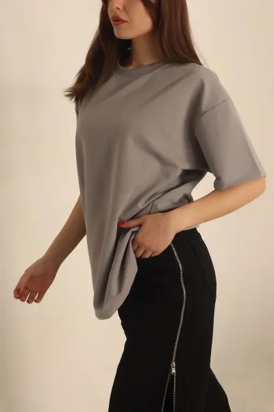 Füme İki İp Oversize Bayan Tişört 234381