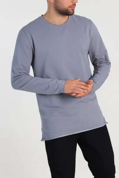 Füme İki İp Yırtık Yaka Detaylı Basic Erkek Sweatshirt 299822