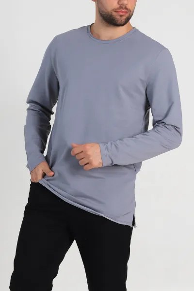 Füme İki İp Yırtık Yaka Detaylı Basic Erkek Sweatshirt 299822