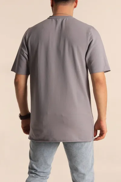 Füme İki İp Yırtık Yaka Detaylı Basic Erkek Tişört 261493