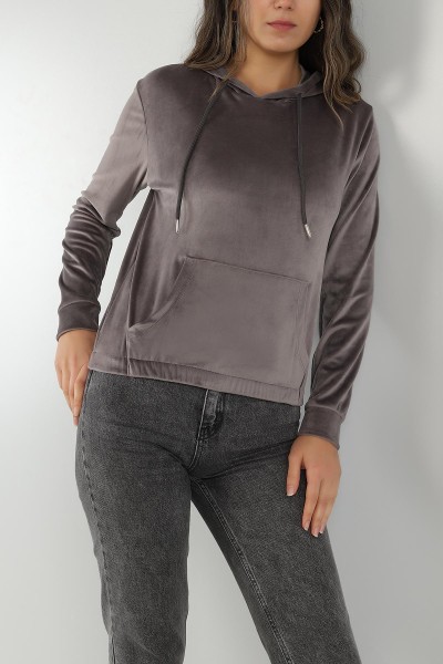 Füme Kadife Kapüşonlu Bayan Sweat 147317