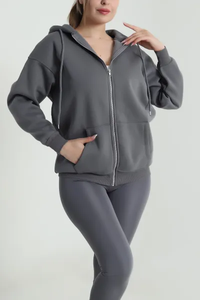 Füme Kapşonlu Fermuarlı Şardonlu Üç İp Kadın Sweat 485031