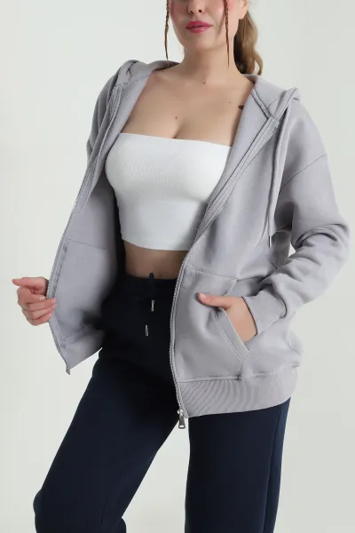 Füme Kapşonlu Şardonlu Üç İp Kadın Sweat 482268