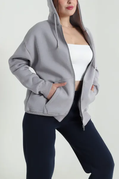 Füme Kapşonlu Şardonlu Üç İp Kadın Sweat 482268