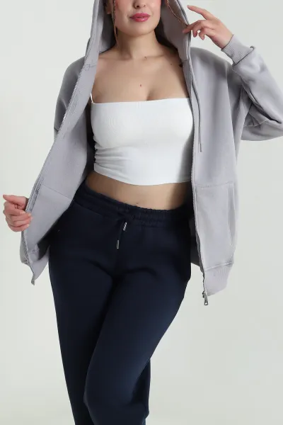Füme Kapşonlu Şardonlu Üç İp Kadın Sweat 482268