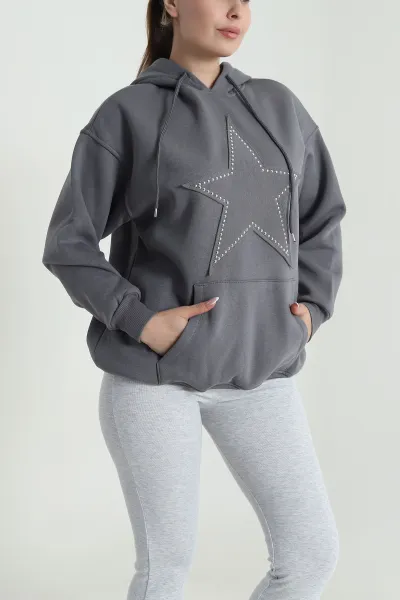 Füme Kapşonlu Şardonlu Üç İp Kadın Sweat 484986