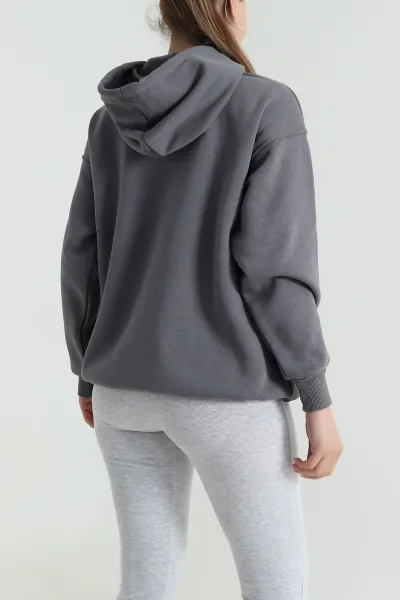 Füme Kapşonlu Şardonlu Üç İp Kadın Sweat 484986