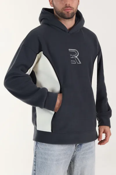 Füme Kapüşonlu Nakış Detaylı Erkek Sweatshirt 408760