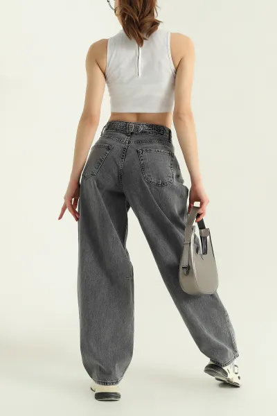 Füme Kemer Detay Baggy Bayan Kot Pantolon 335691