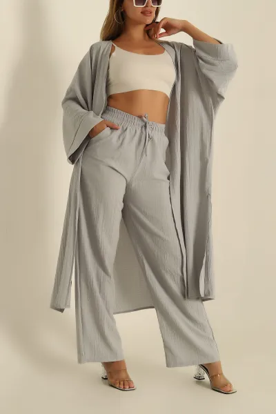 Füme Krinkıl Dokuma Kimono Pantolon İkili Takım 284157