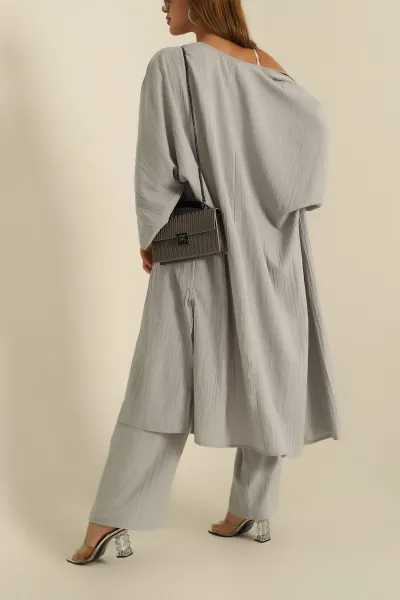Füme Krinkıl Dokuma Kimono Pantolon İkili Takım 284157