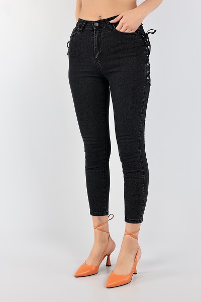 Füme Kuş Gözü Bağcıklı Kot Pantolon 96039