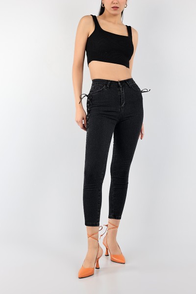 Füme Kuş Gözü Bağcıklı Kot Pantolon 96039