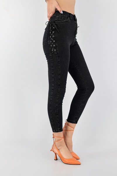 Füme Kuş Gözü Bağcıklı Kot Pantolon 96039