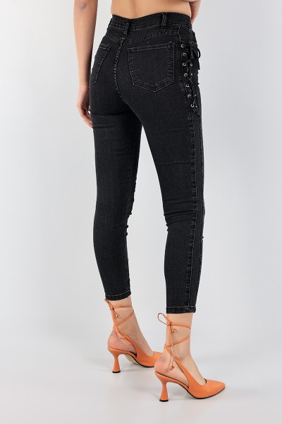 Füme Kuş Gözü Bağcıklı Kot Pantolon 96039