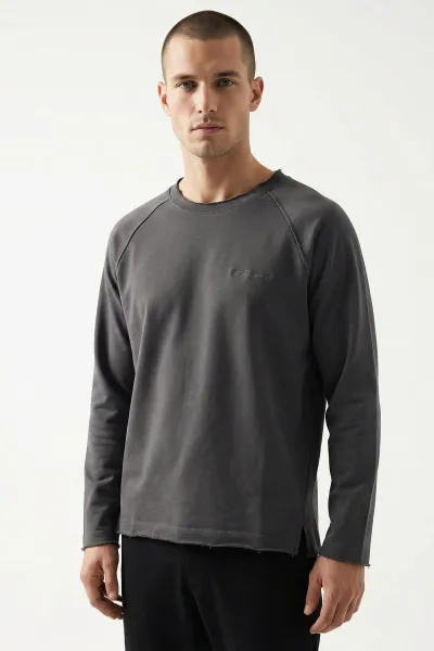 Füme Lazer Kesim Nakışlı Erkek Sweatshirt 422036