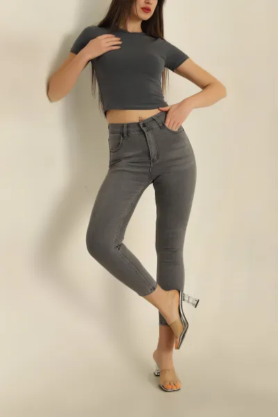 Füme Likralı Yüksek Bel Bayan Kot Pantolon 273723