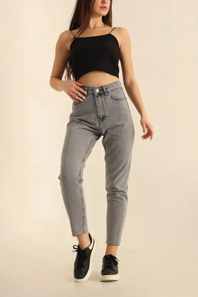 Füme Mom Lazerli Paça Kot Pantolon 228438