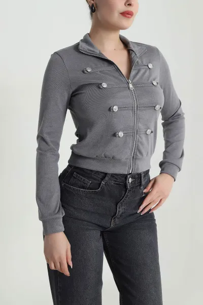Füme Napolyon Model Düğmeli Kadın Hırka 493331