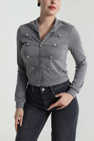 Füme Napolyon Model Düğmeli Kadın Hırka 493331
