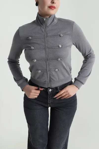 Füme Napolyon Model Düğmeli Kadın Hırka 493331