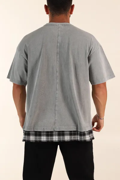 Füme Oversize Asit Yıkamalı Ekose Bel Detaylı Erkek Tişört 354101
