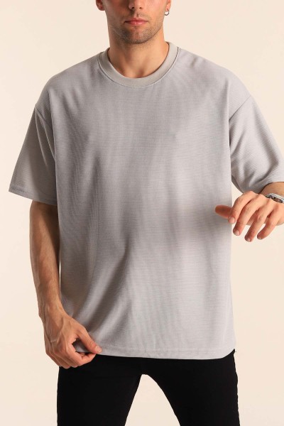 Füme Oversize Dokulu Bisiklet Yaka Erkek Tişört 181435