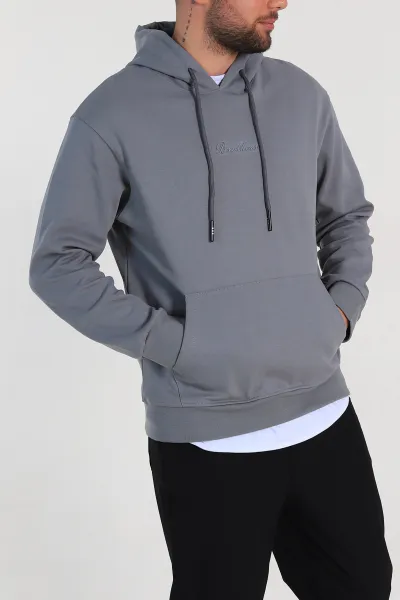 Füme Oversize Duble Kumaş Basic Erkek Kapüşonlu Sweatshirt 300188