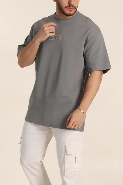 Füme Oversize Duble Kumaş Nakış Detaylı Erkek Tişört 345726