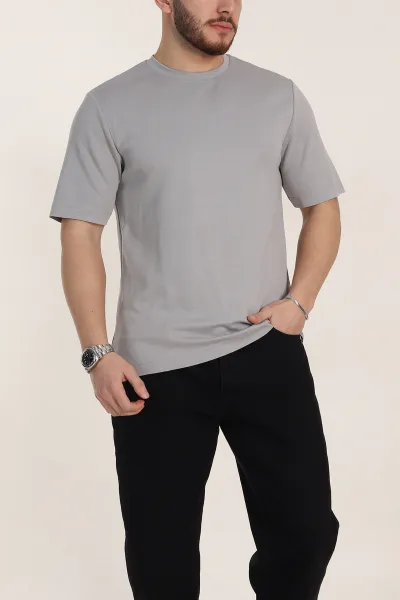 Füme Oversize Oysho Kumaş Yırtmaç Detaylı Basic Erkek Tişört 348126