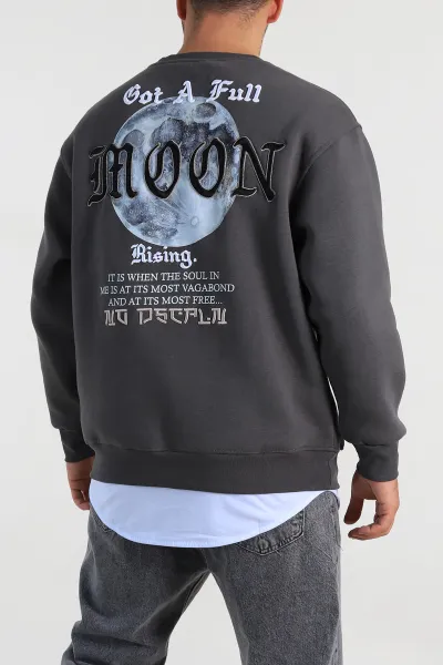 Füme Oversize Sırt Nakış Detaylı Baskılı Erkek Sweatshirt 306976