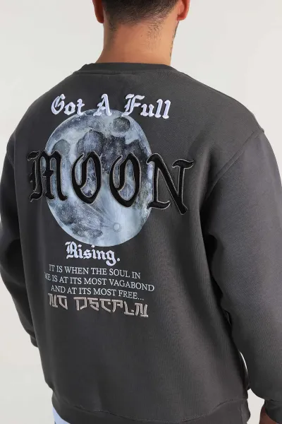 Füme Oversize Sırt Nakış Detaylı Baskılı Erkek Sweatshirt 306976