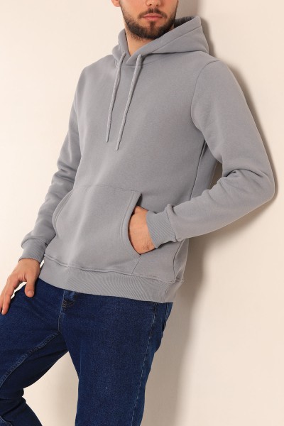Füme Oversize Üç İp Şardonlu Basic Kapüşonlu Erkek Sweatshirt 222531